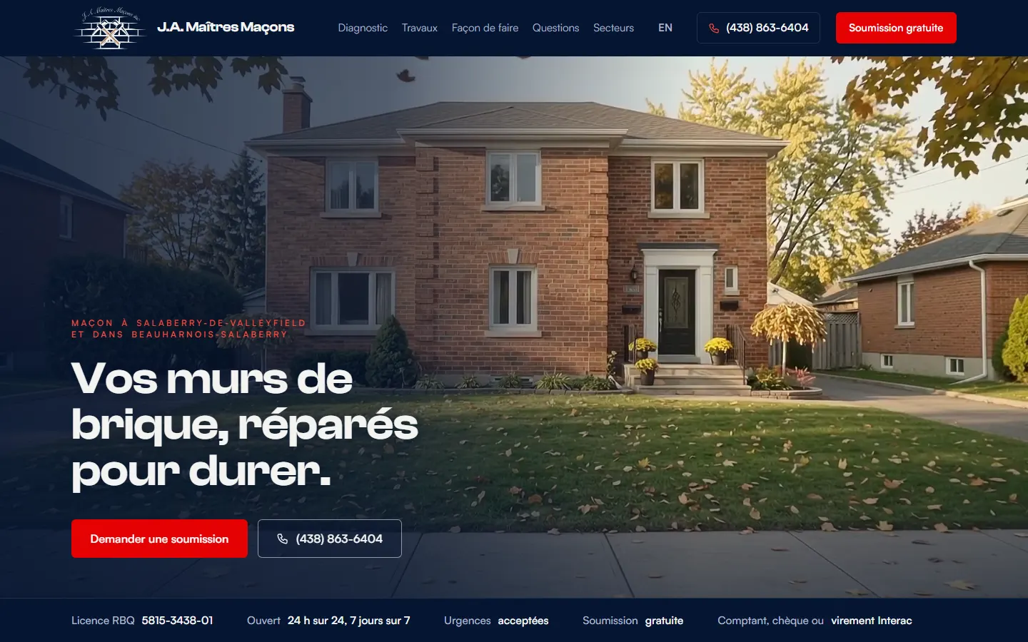 Haut de la page du nouveau site de J.A. Maîtres Maçons, à l’ordinateur