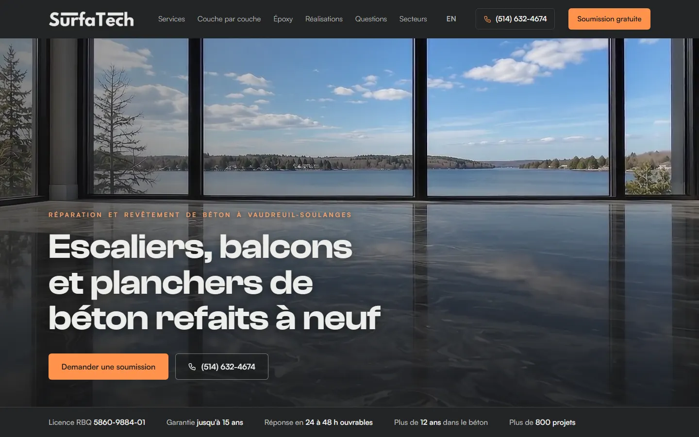Haut de la page du nouveau site de SurfaTech, à l’ordinateur