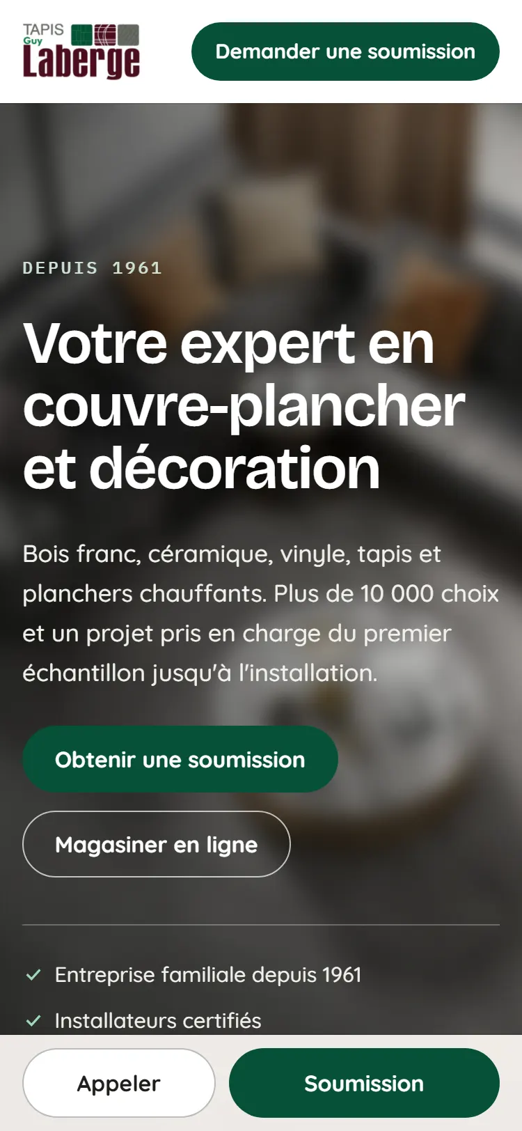 Haut de la page du nouveau site de Tapis Guy Laberge, au cellulaire